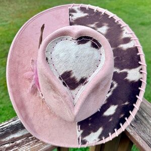 Pink Heart Shaped Cowboy Hat with Attached Cowhide, Hand Burned